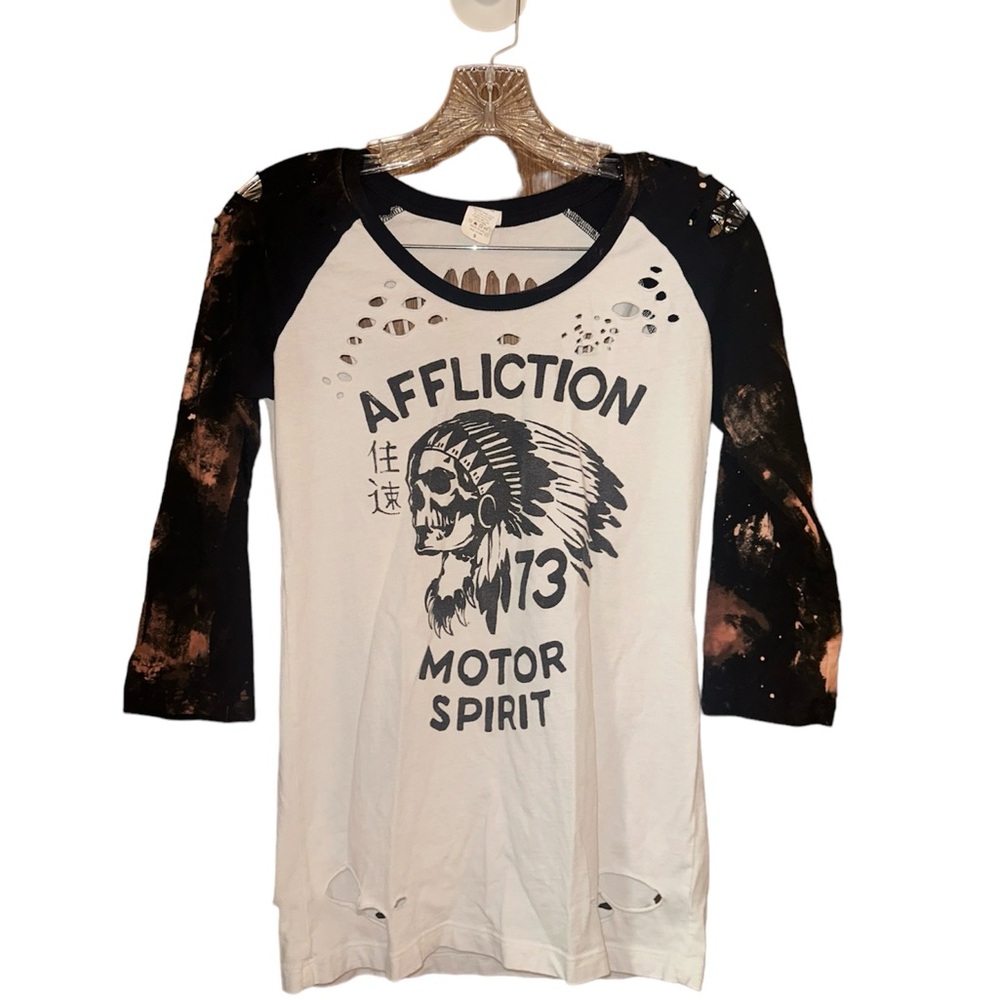 Affliction bleached black and white distressed skull baseball tee